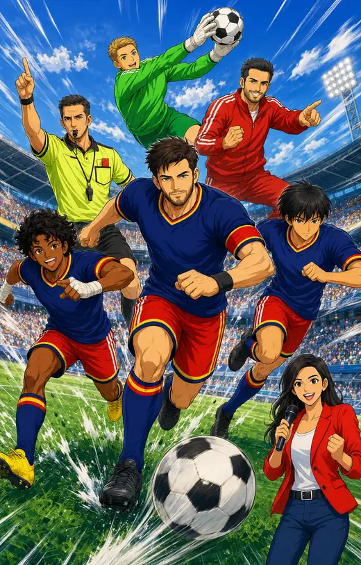 Ilustracja FUTLINGO: piłka, trener, zawodnicy i język meczu